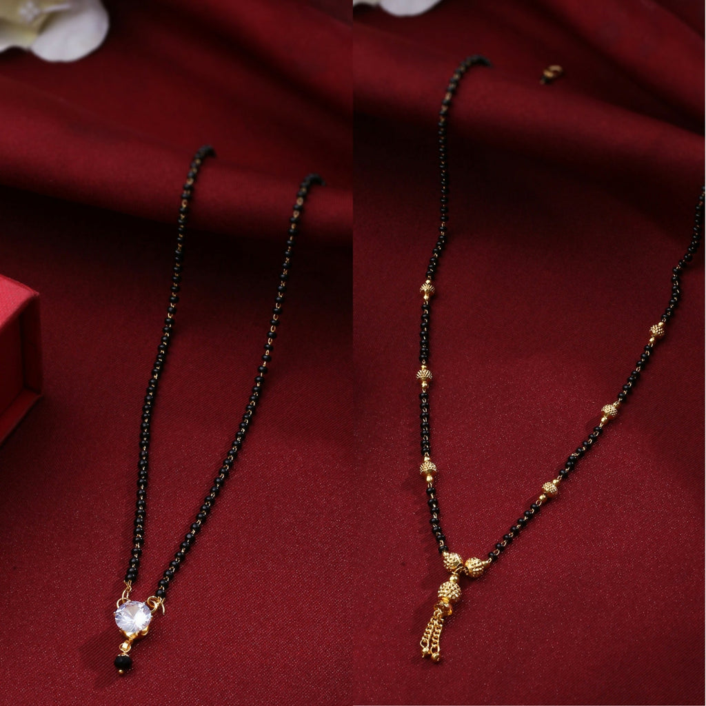 NVR Women's's Set of 2 Black Gold-Polished Beaded Mangalsutra With Ad Stone