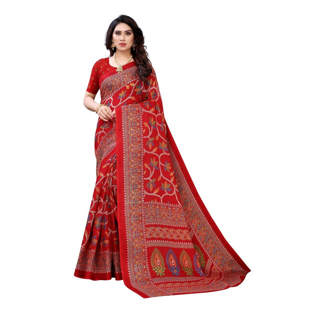 Vamika Printed Jute Silk Red Saree (Rishika Red) | Grab2Buy