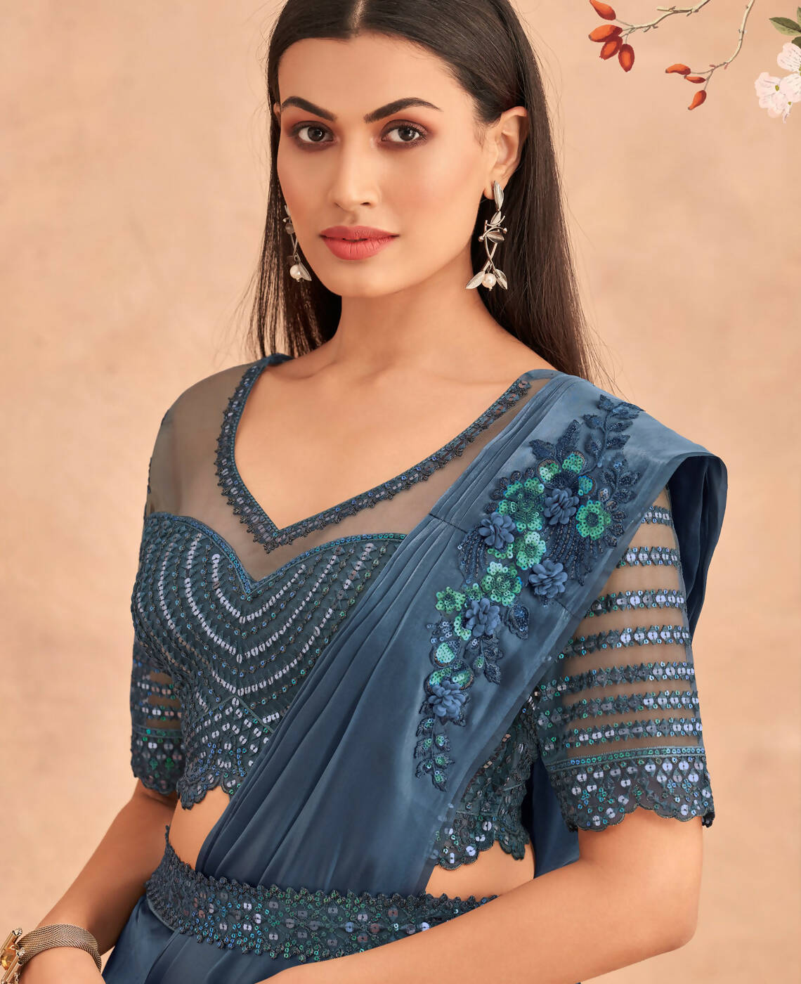 Navy Blue Satin Embroidered Ready To Wear Saree With Unstitched Blouse Piece - Nandika | Grab2Buy