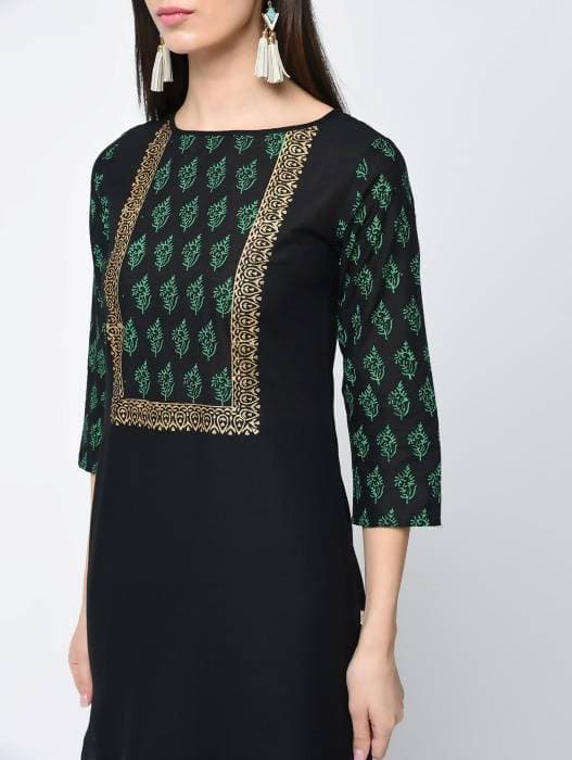 Aniyah Cotton Block Printed Black Straight Kurta (AN-131K) | Grab2Buy