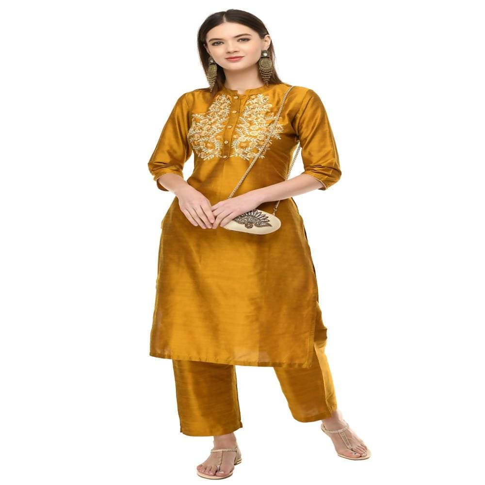 Lagi Women's Mustard Poly silk Straight Embroidred Kurta Pant (RO116C) | Grab2Buy