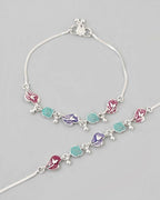 VOJ Set of 2 Silver Plated Designer Multi Color Anklet