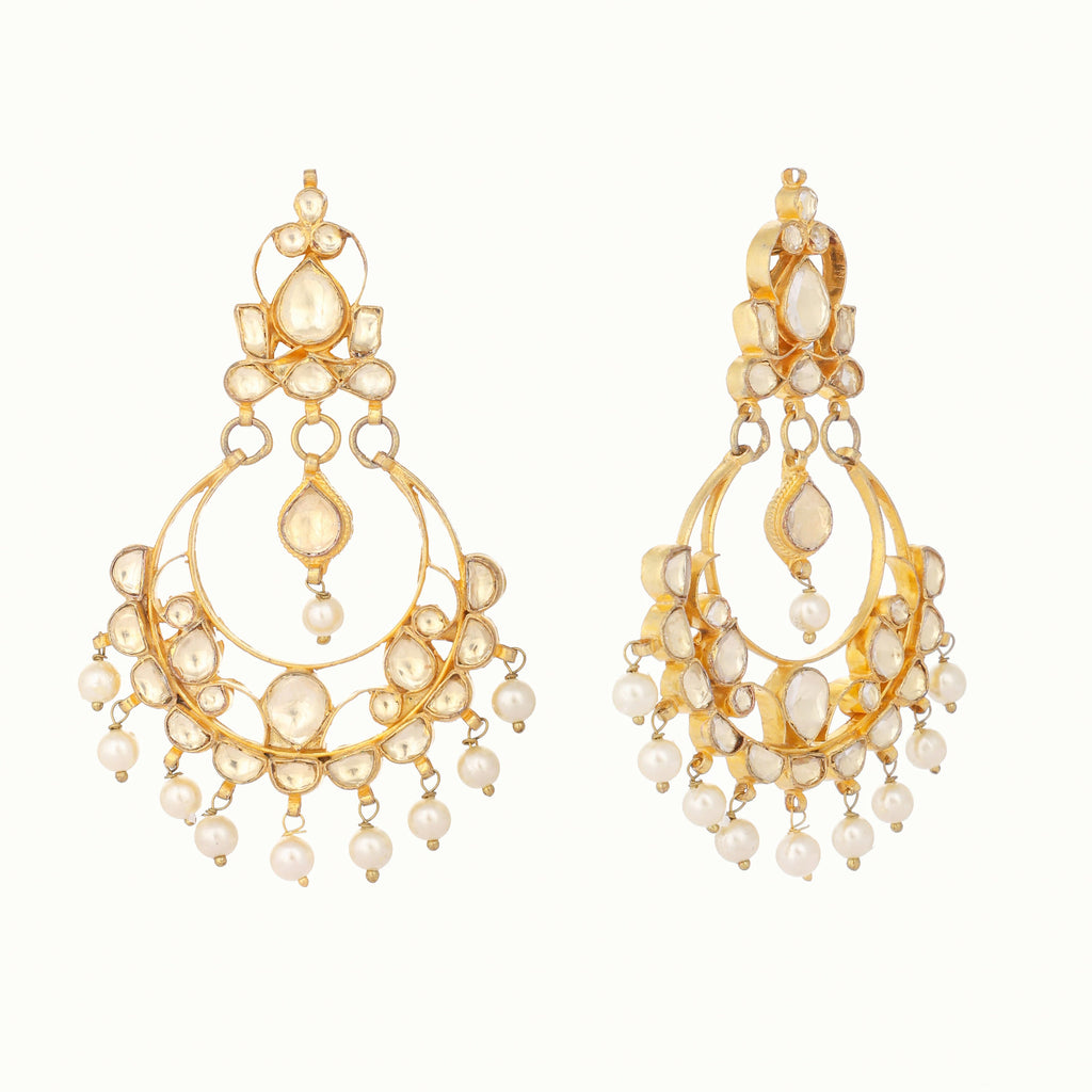 Nuyug 22K Gold Plated Kundan Studded Contemporary Shaped Pearl Drop Chandbalis | Grab2Buy