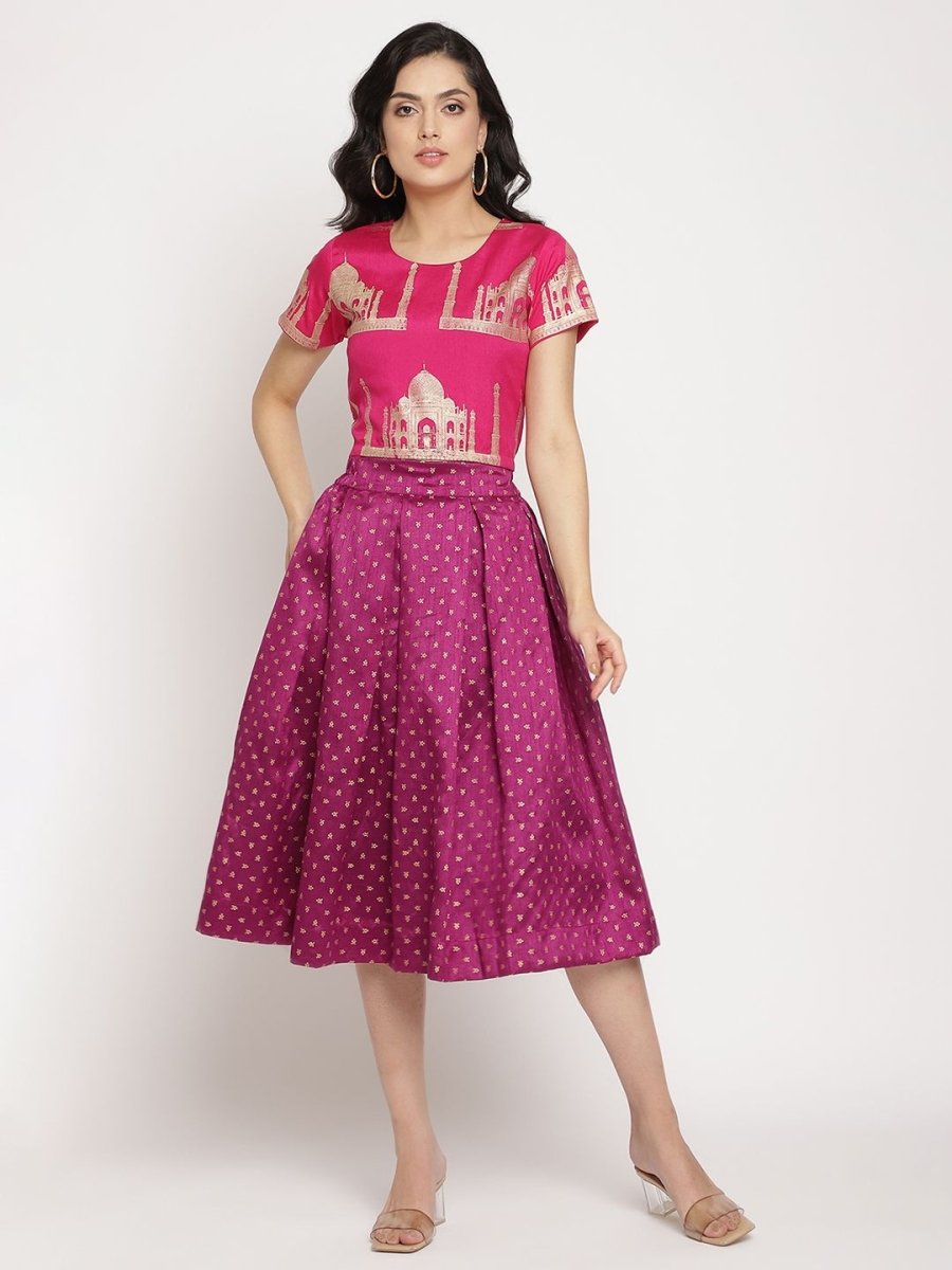 Ahalyaa Women's Pink Poly Silk Gold Foil Print Top With Skirt | Grab2Buy