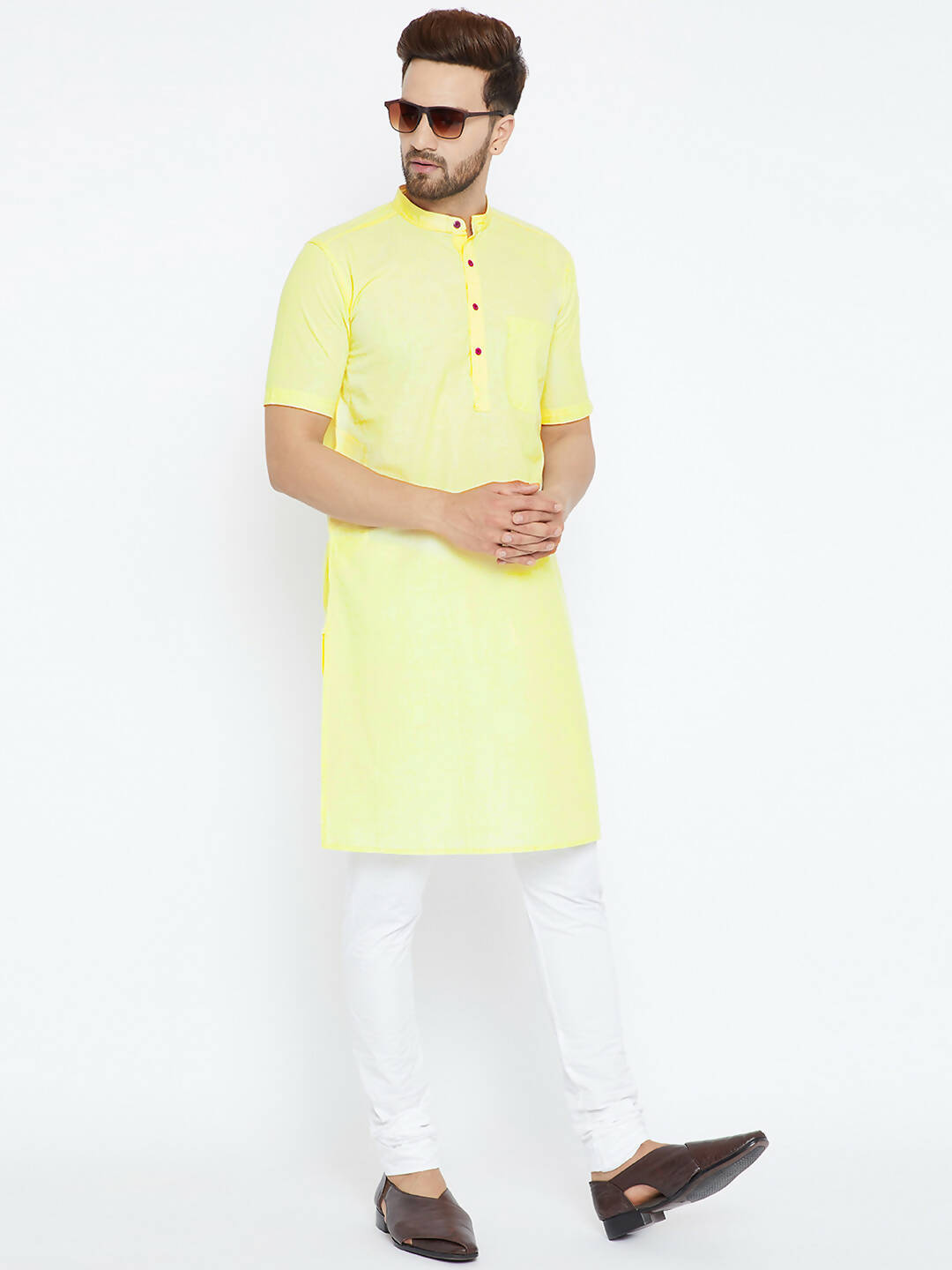 Even Apparels Yellow Color Pure Cotton Men's Kurta With Band Collar | Grab2Buy