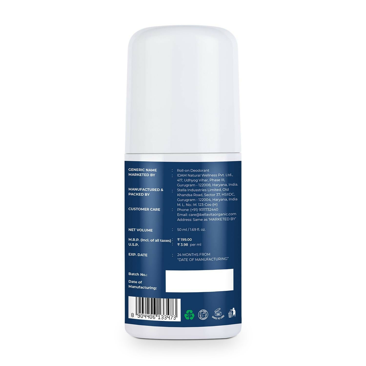 Bella Vita Deo White Natural Underarm Roll On Deodorant for Men
