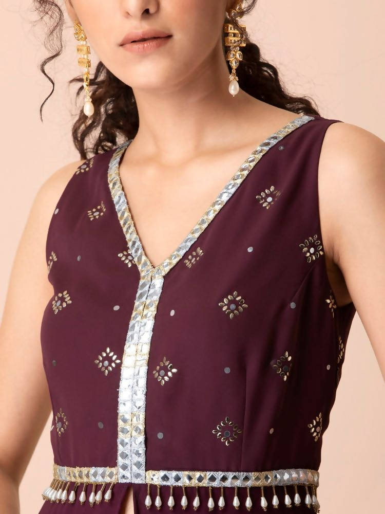Indya Women Purple & Gold-Toned Embellished Ruffled High Slit Kurta | Grab2Buy