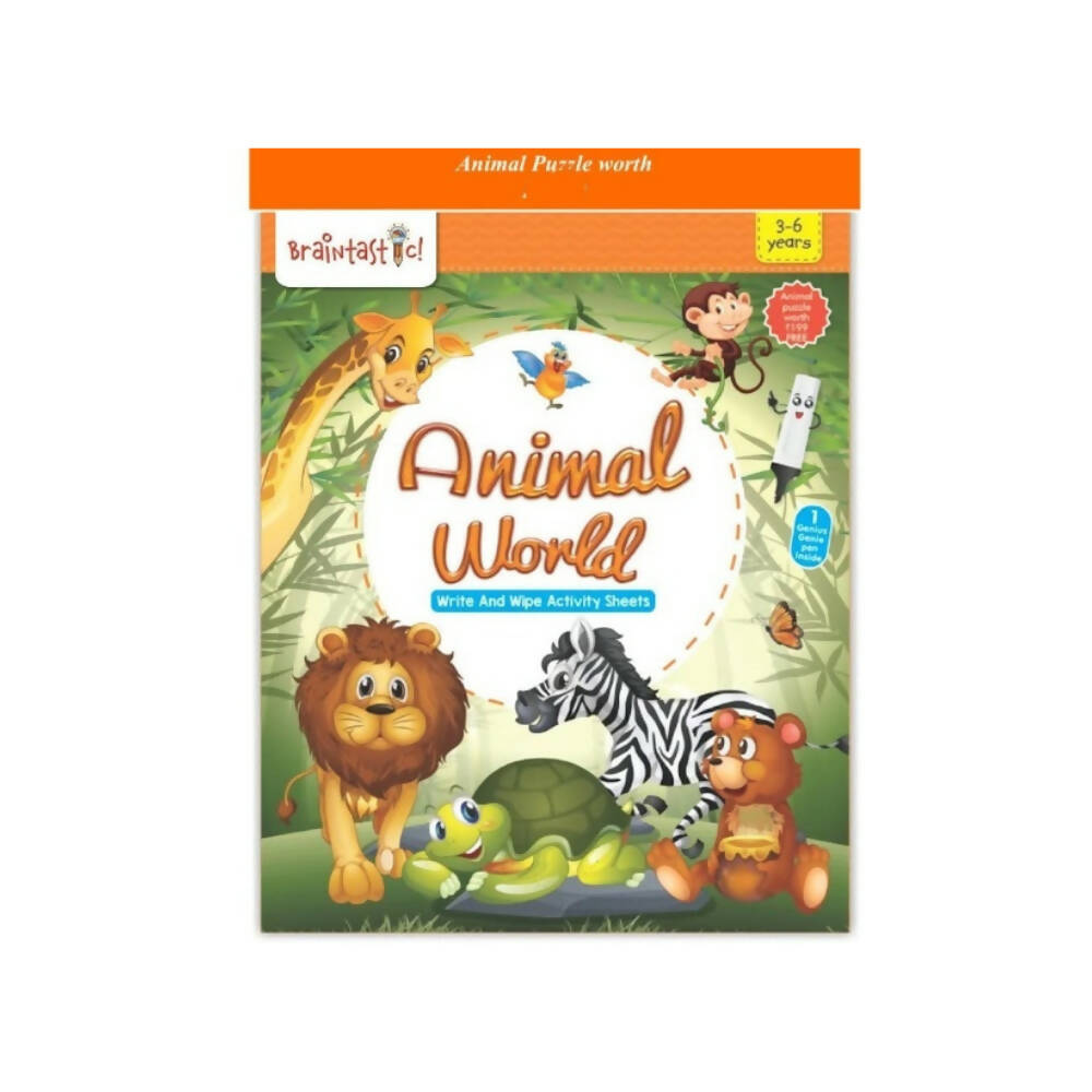 Braintastic Educational Game (3-6 yrs):Animal World / Kids Toys/Write & Wipe Activity Sheets/ Free 12 pc Puzzles | Grab2Buy