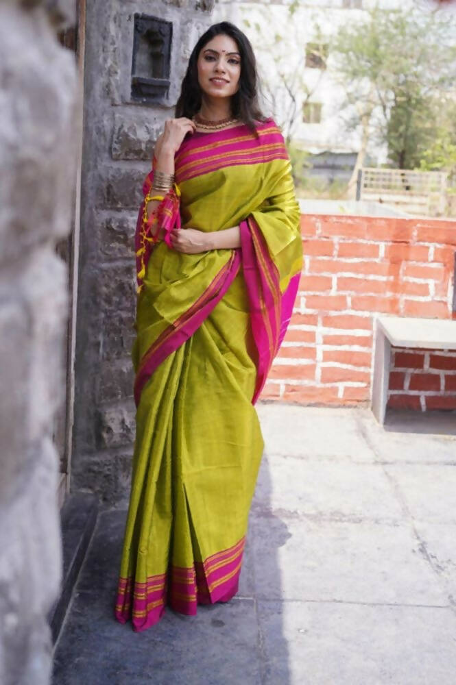 Very Much Indian Handloom Cotton Viscose Ilkal Saree - Bright Green | Grab2Buy