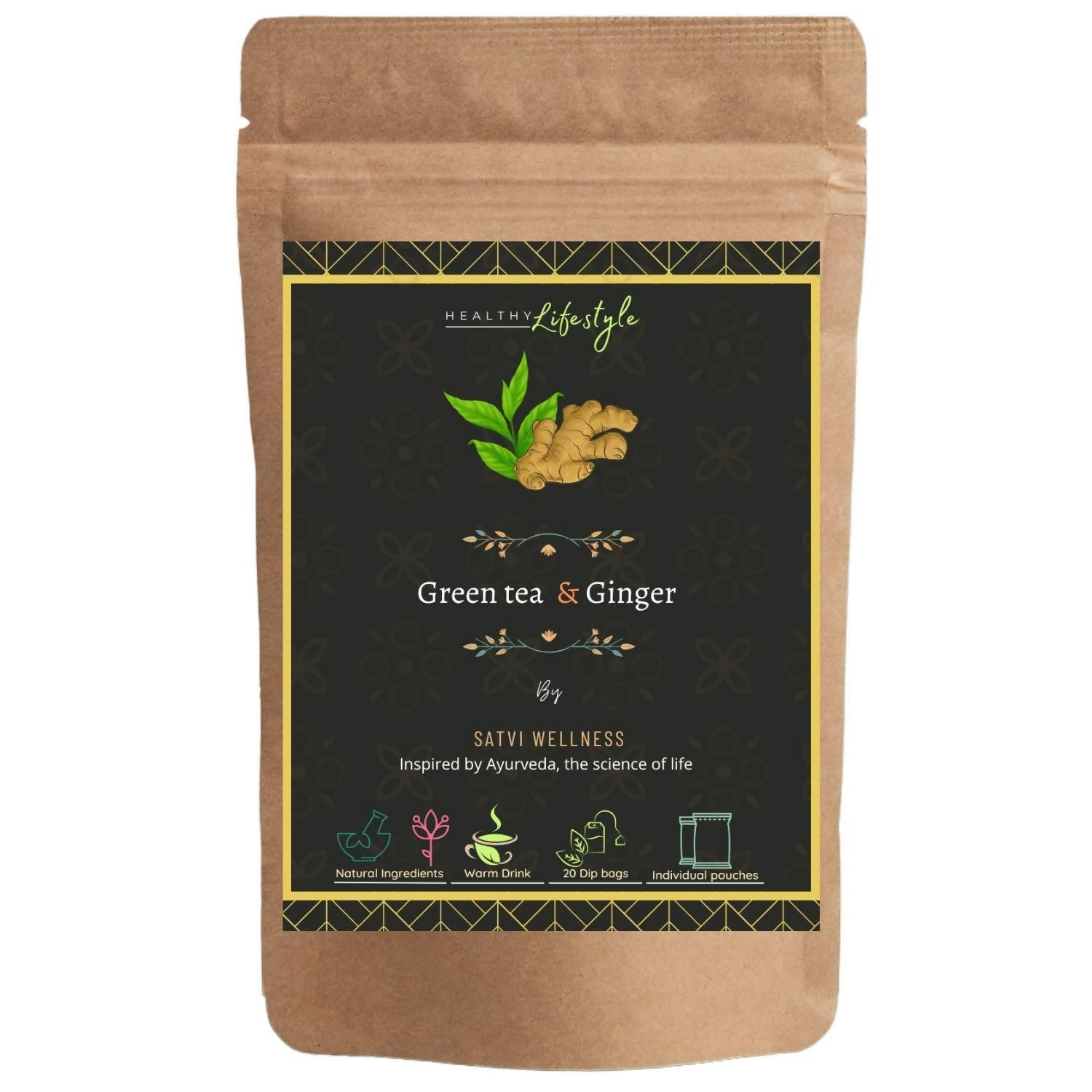 Satvi Wellness Green Tea With Ginger Tea Bags | Herbal Tea