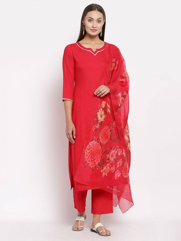 Myshka Women's Red Cotton Solid 3/4 Sleeve Square Neck Casual Kurta Pant Dupatta Set | Grab2Buy