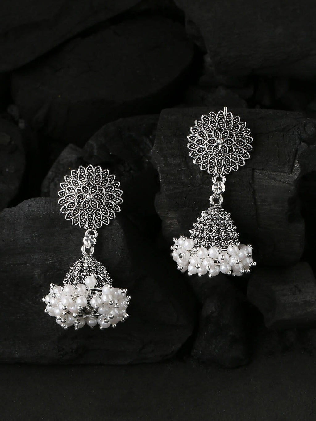 NVR Women Silver Toned Dome Shaped Jhumkas Earrings | Grab2Buy