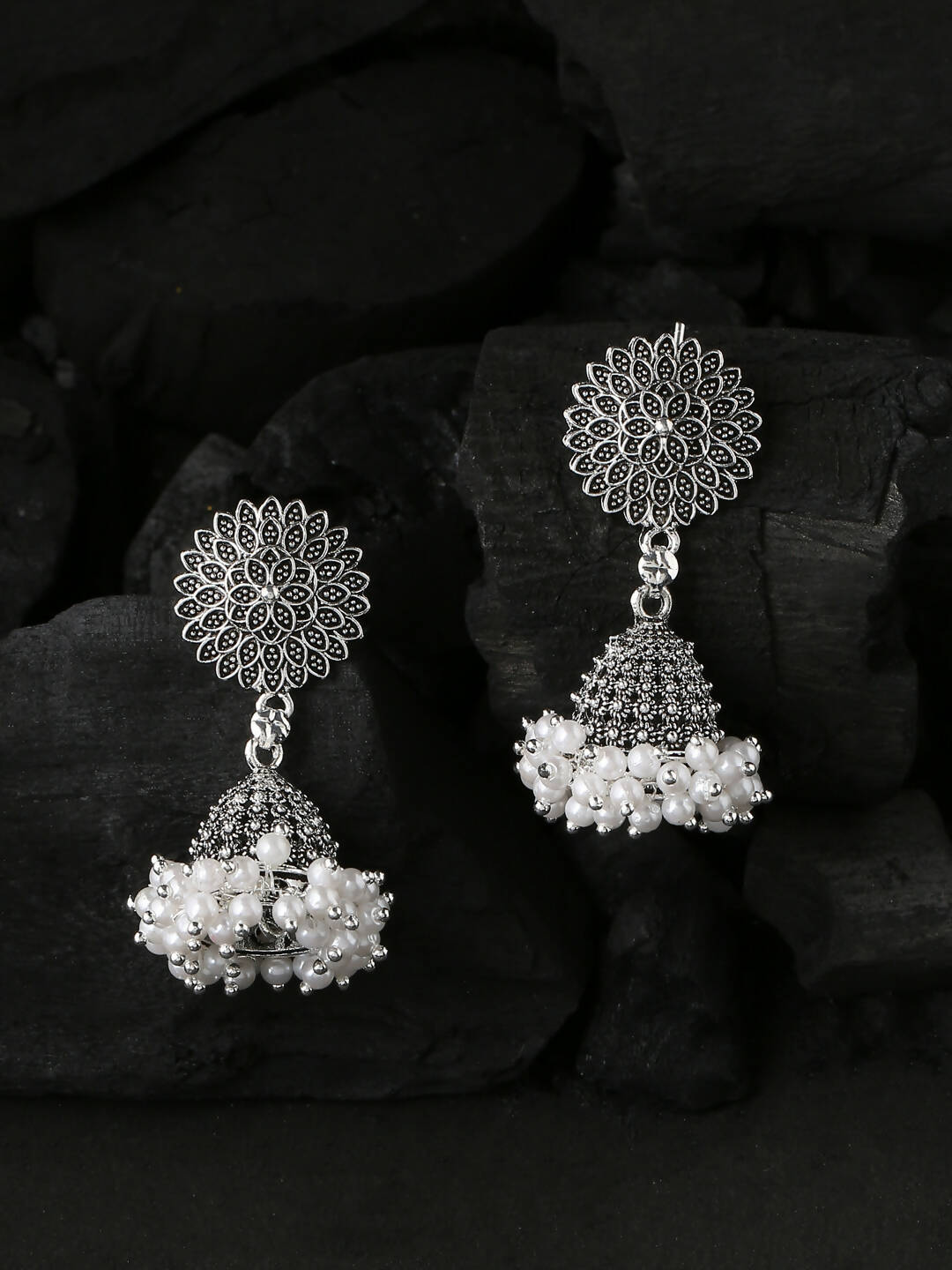 NVR Women Silver Toned Dome Shaped Jhumkas Earrings | Grab2Buy
