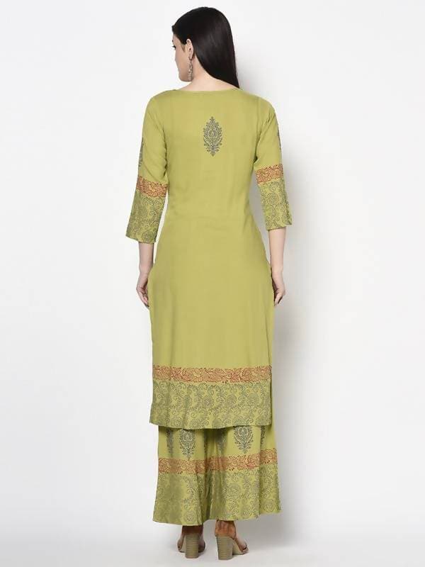 Aniyah Rayon Parrot Green Color Block Print Straight Kurta Palazzo Set (AN-197K) | Grab2Buy