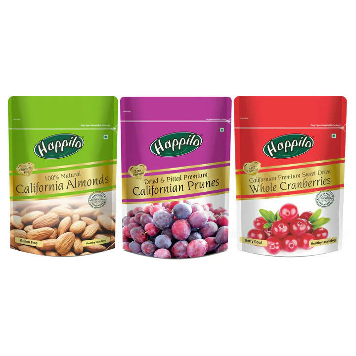 Happilo Premium Dry Fruits Combo (Californian Almonds, Prunes, Cranberries) | Grab2Buy