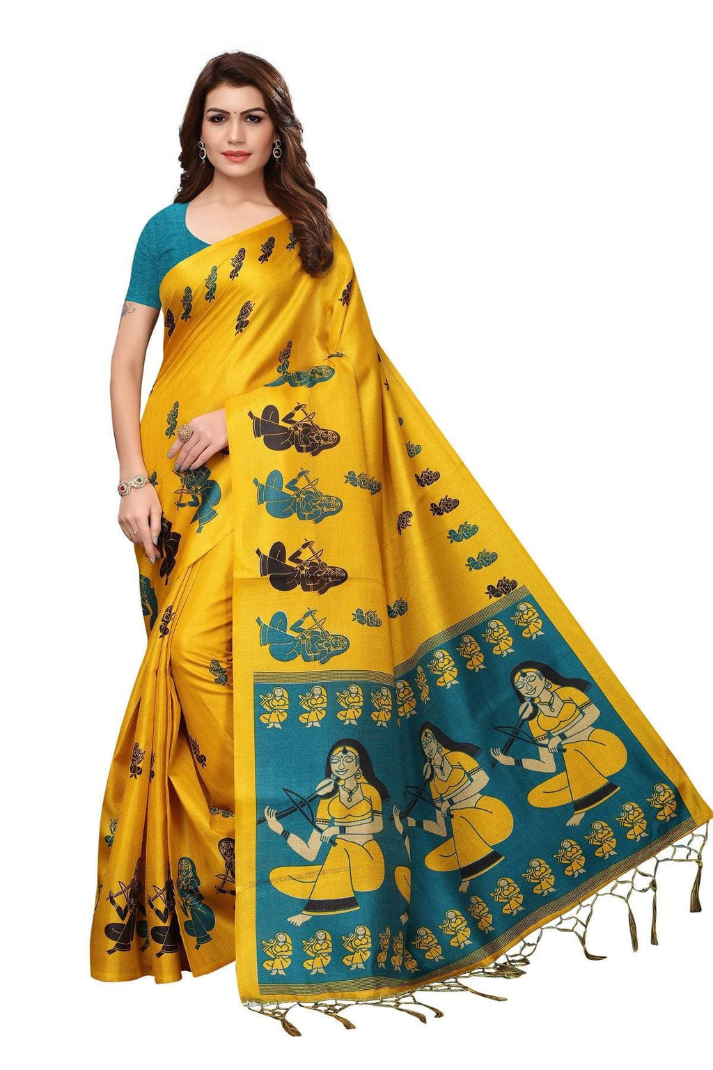 Vamika Yellow & Blue Kalamkari With Jhalar Khadi Silk Saree | Grab2Buy