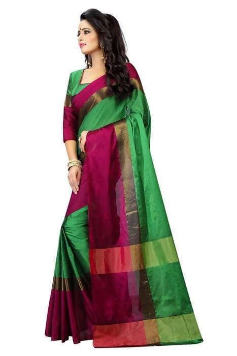 Vamika Green and Parrot Pink Cotton Silk Weaving Saree (Shreeji Parrot Pink) | Grab2Buy