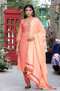 Yufta Women Peach Floral Mirror Work Pure Cotton Kurta with Trouser and Dupatta | Grab2Buy