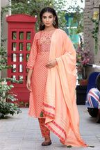 Yufta Women Peach Floral Mirror Work Pure Cotton Kurta with Trouser and Dupatta | Grab2Buy