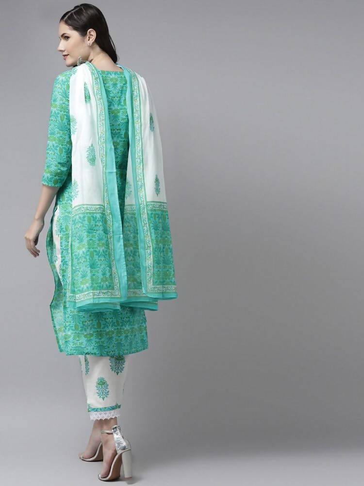 Yufta Green & White Ethnic Motifs Printed Mirror Work Kurta with Palazzo & Dupatta | Grab2Buy