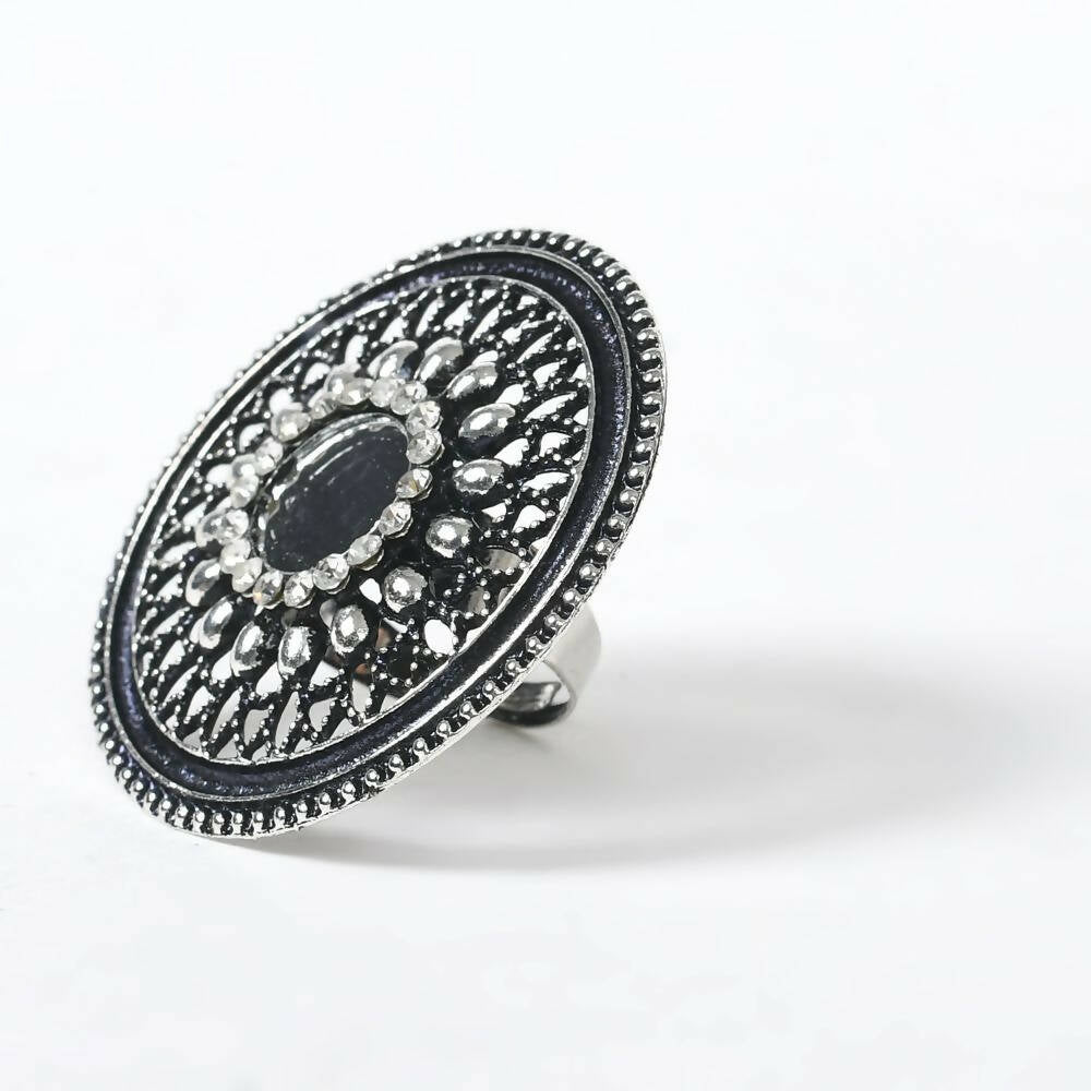 Mominos Fashion Joharkamal Oxidised Silver-Toned Adjustable Finger Ring | Grab2Buy