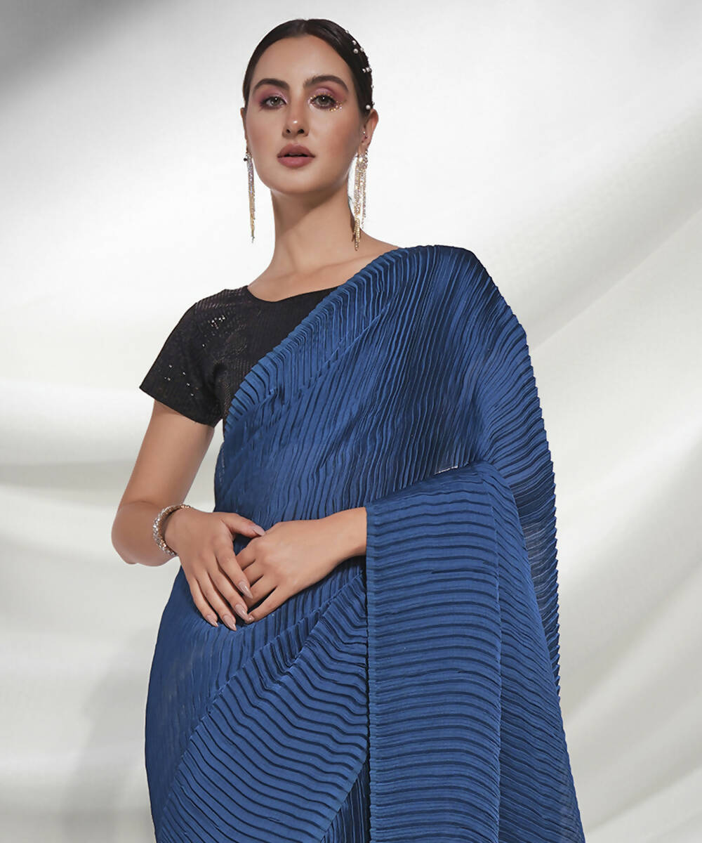 Teal Georgette Solid Texture Saree With Unstitched Blouse Piece - Rajal | Grab2Buy