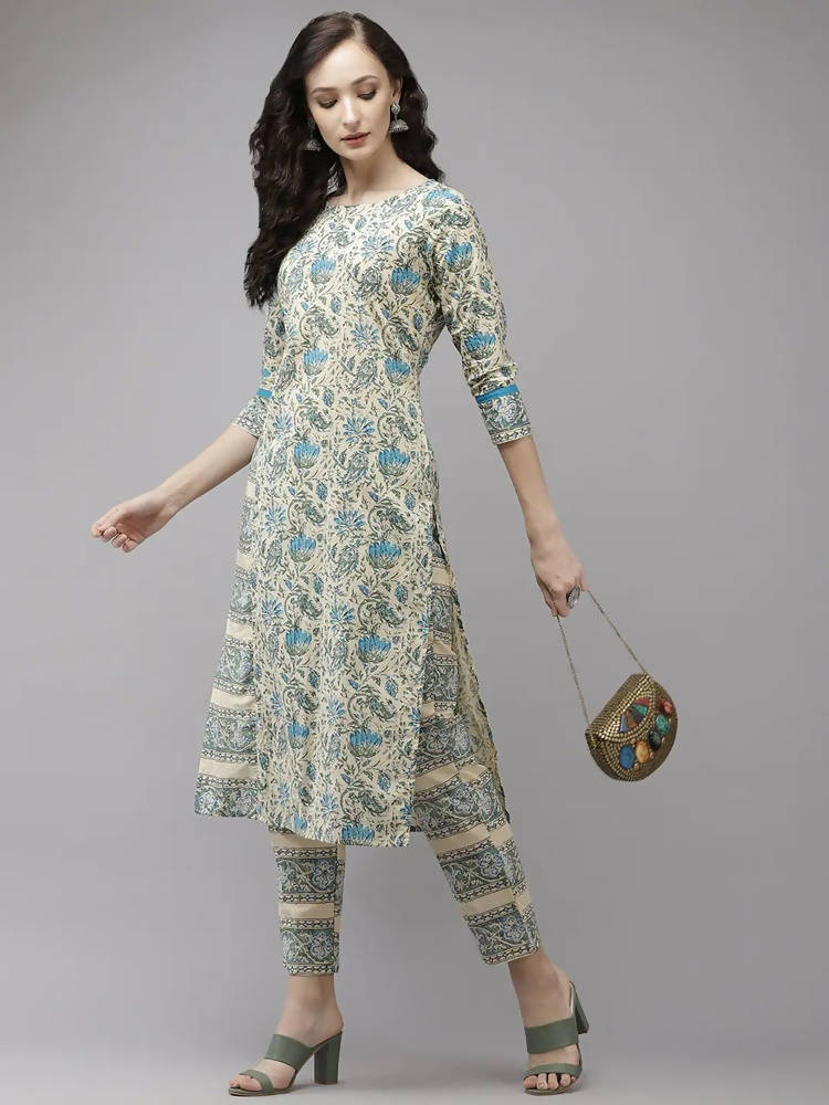 Yufta Women Beige Floral Printed Regular Pure Cotton Kurta with Trouser | Grab2Buy