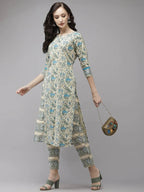 Yufta Women Beige Floral Printed Regular Pure Cotton Kurta with Trouser | Grab2Buy