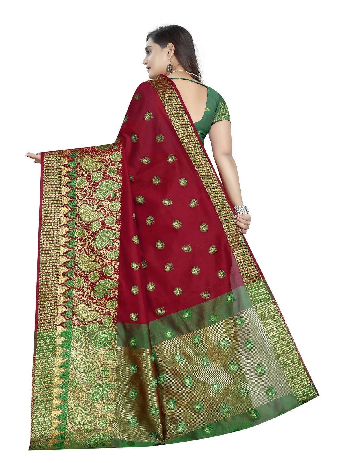 Vamika Banarasi Jaquard Red Weaving Saree With Green Blouse | Grab2Buy