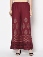 Aniyah Rayon Maroon Color Block Print Flared Slip-On Palazzo (AN-183K) | Grab2Buy
