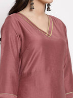 Myshka Women's Dark Pink Cotton Solid 3/4 Sleeve V Neck Casual Anarkali Gown | Grab2Buy