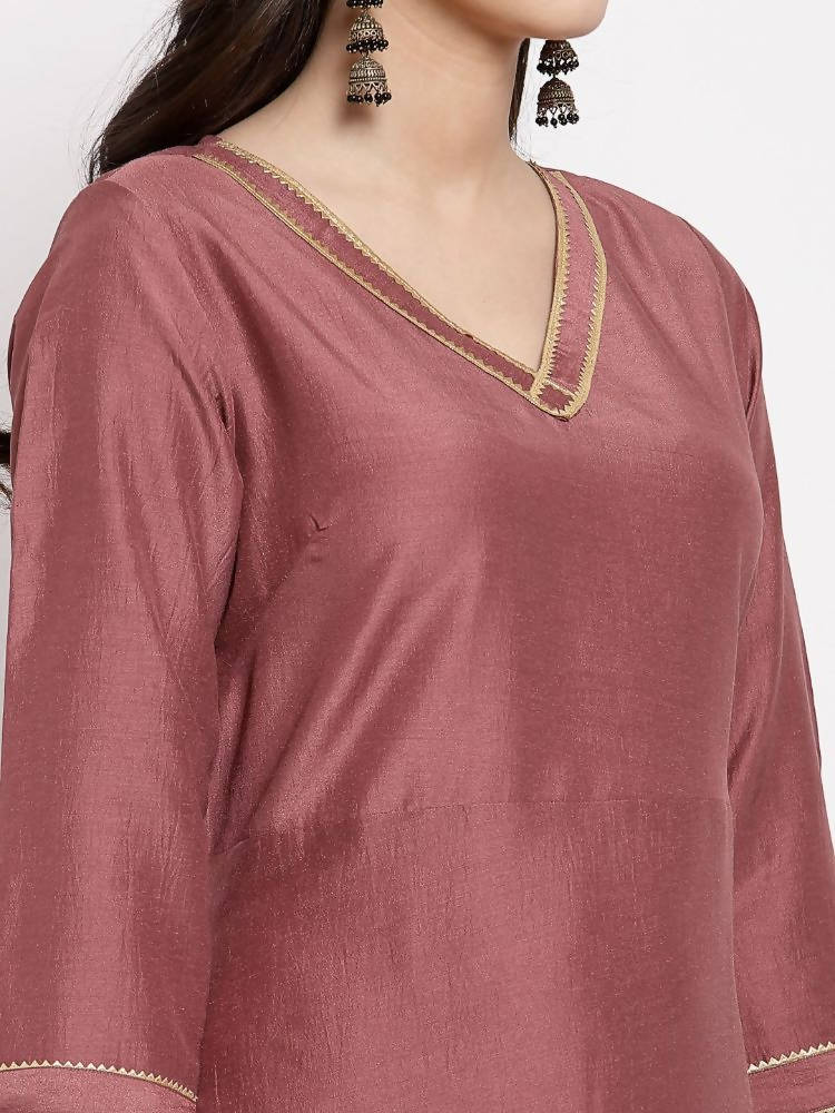 Myshka Women's Dark Pink Cotton Solid 3/4 Sleeve V Neck Casual Anarkali Gown | Grab2Buy