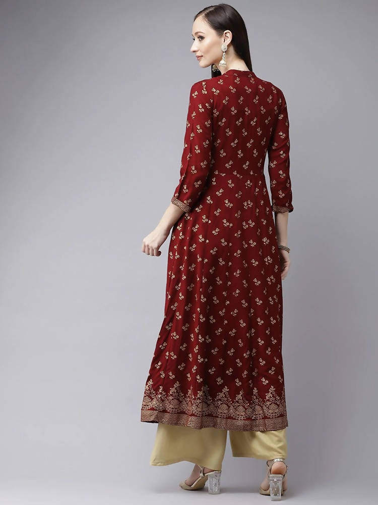 Yufta Women Maroon & Gold Floral Printed Kurta | Grab2Buy