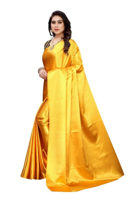 Vamika Plain Yellow Satin Saree (SATIN GLORY Yellow) | Grab2Buy