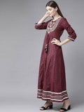 Yufta Women Maroon Geometric Printed Bell Sleeves Mirror Work Cotton Kurta | Grab2Buy