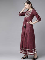 Yufta Women Maroon Geometric Printed Bell Sleeves Mirror Work Cotton Kurta | Grab2Buy