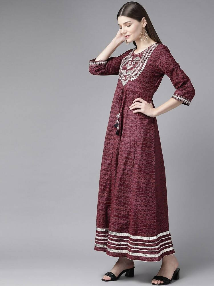 Yufta Women Maroon Geometric Printed Bell Sleeves Mirror Work Cotton Kurta | Grab2Buy