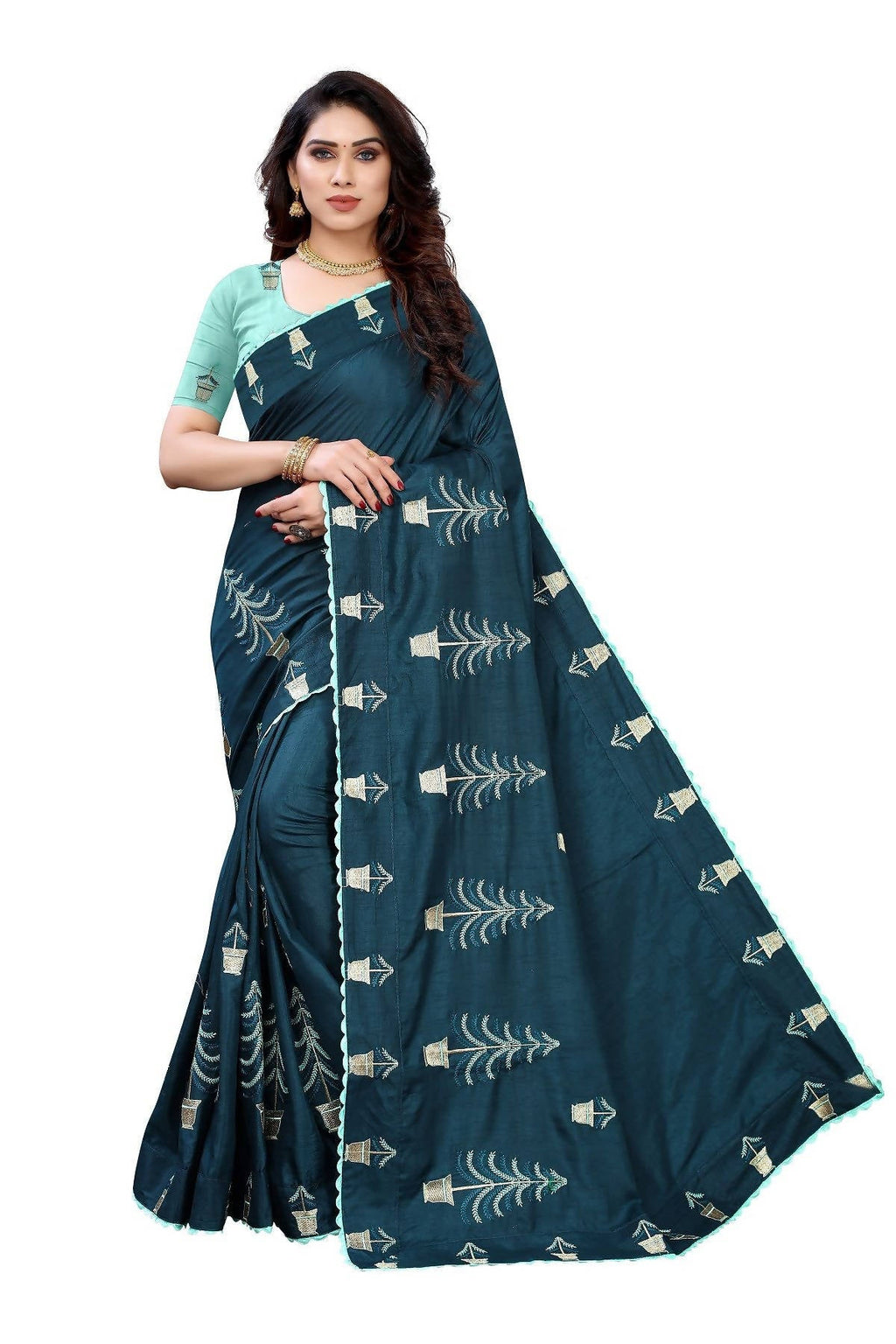 Vamika Rama Green Dola Silk Embroidery Saree (HELENA RAMA) | Grab2Buy