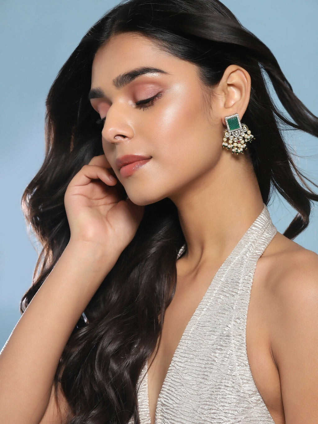 Diamond & Semi Precious Stone Green Earrings- Ruby Raang | Grab2Buy
