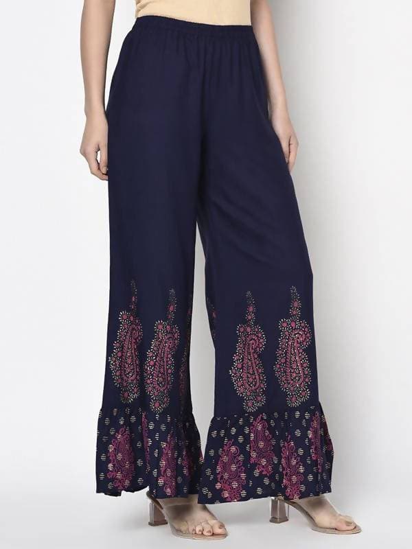 Aniyah Rayon Navy Blue Color Block Print Flared Slip-On Palazzo (AN-216K) | Grab2Buy