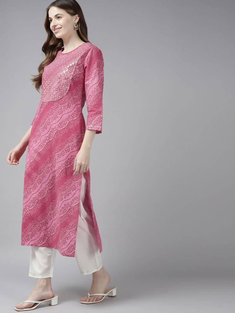 Yufta Women Pink Bandhani Yoke Design Pure Cotton Kurta with Palazzo and Dupatta | Grab2Buy
