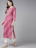 Yufta Women Pink Bandhani Yoke Design Pure Cotton Kurta with Palazzo and Dupatta | Grab2Buy