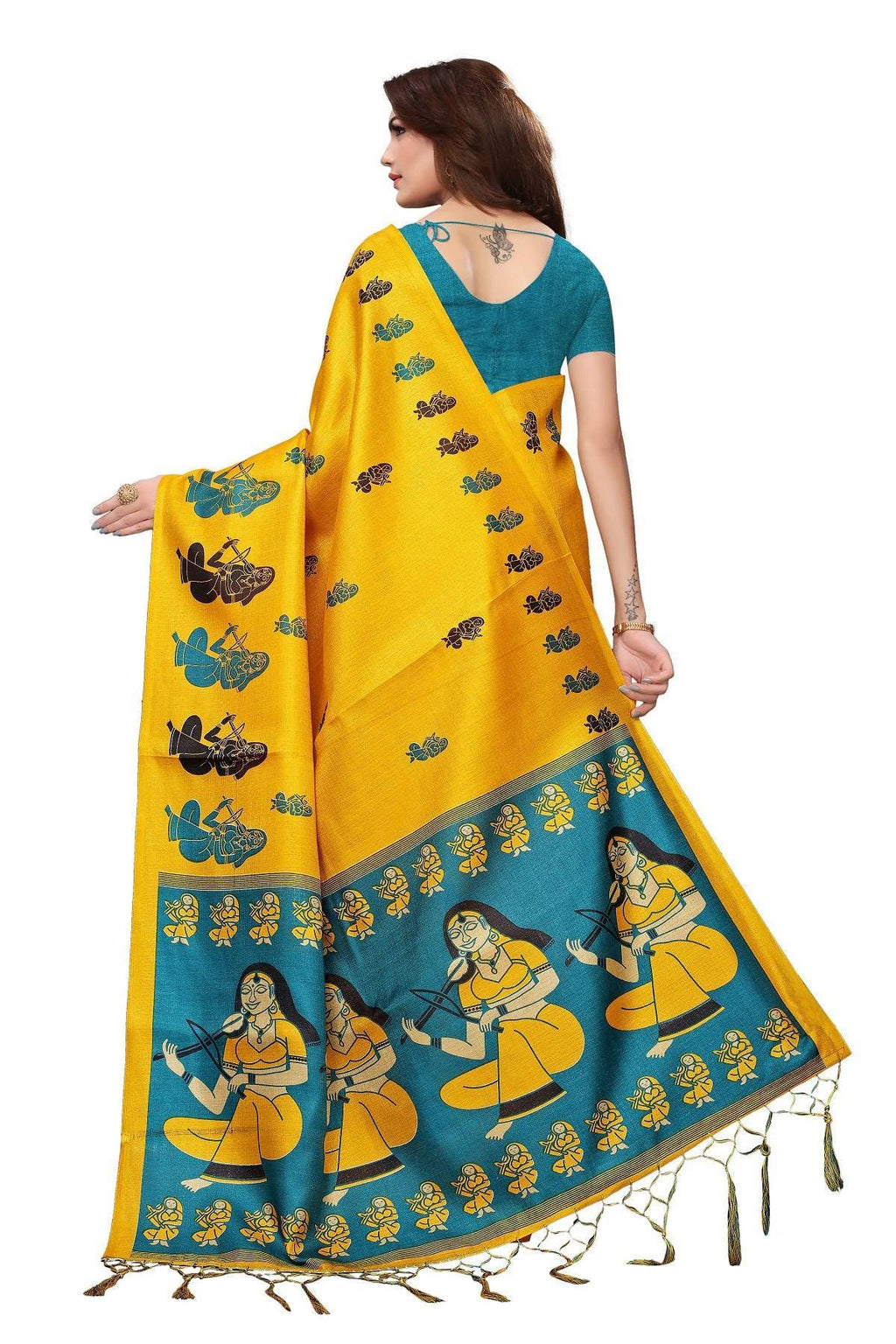 Vamika Yellow & Blue Kalamkari With Jhalar Khadi Silk Saree | Grab2Buy