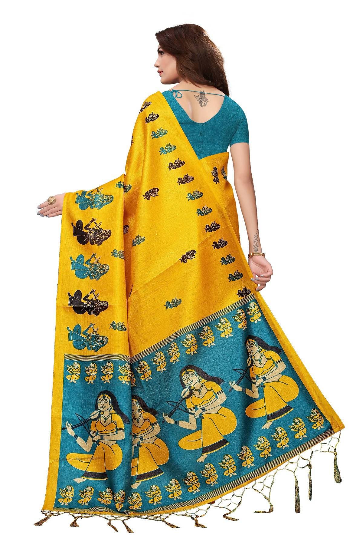 Vamika Yellow & Blue Kalamkari With Jhalar Khadi Silk Saree | Grab2Buy