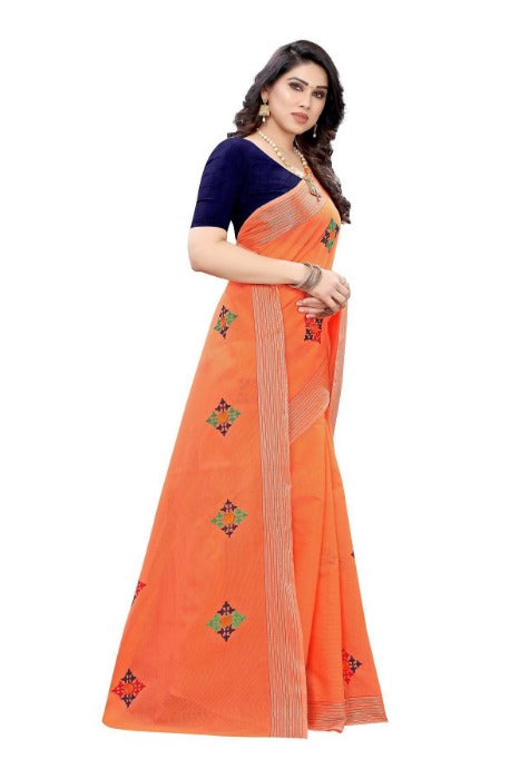 Vamika Chanderi Cotton Embroidery Orange Saree (Dixa Orange) | Grab2Buy