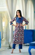 Yufta Women Blue Floral Printed Regular Pure Cotton Kurta with Trouser | Grab2Buy