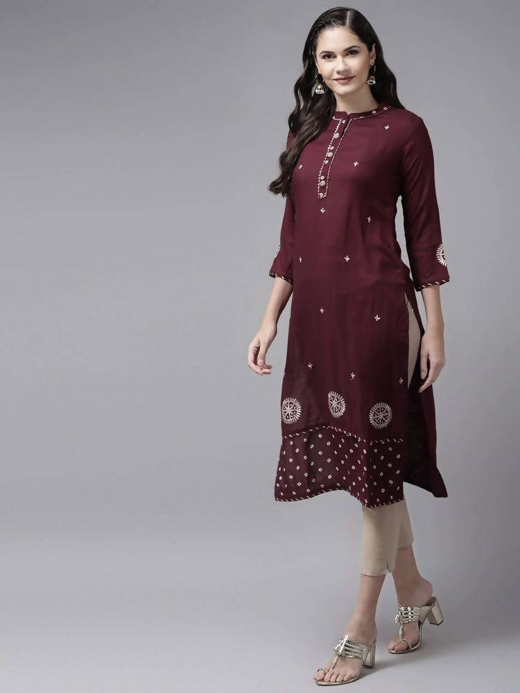 Yufta Women Maroon Ethnic Motifs Embroidered Kurta | Grab2Buy