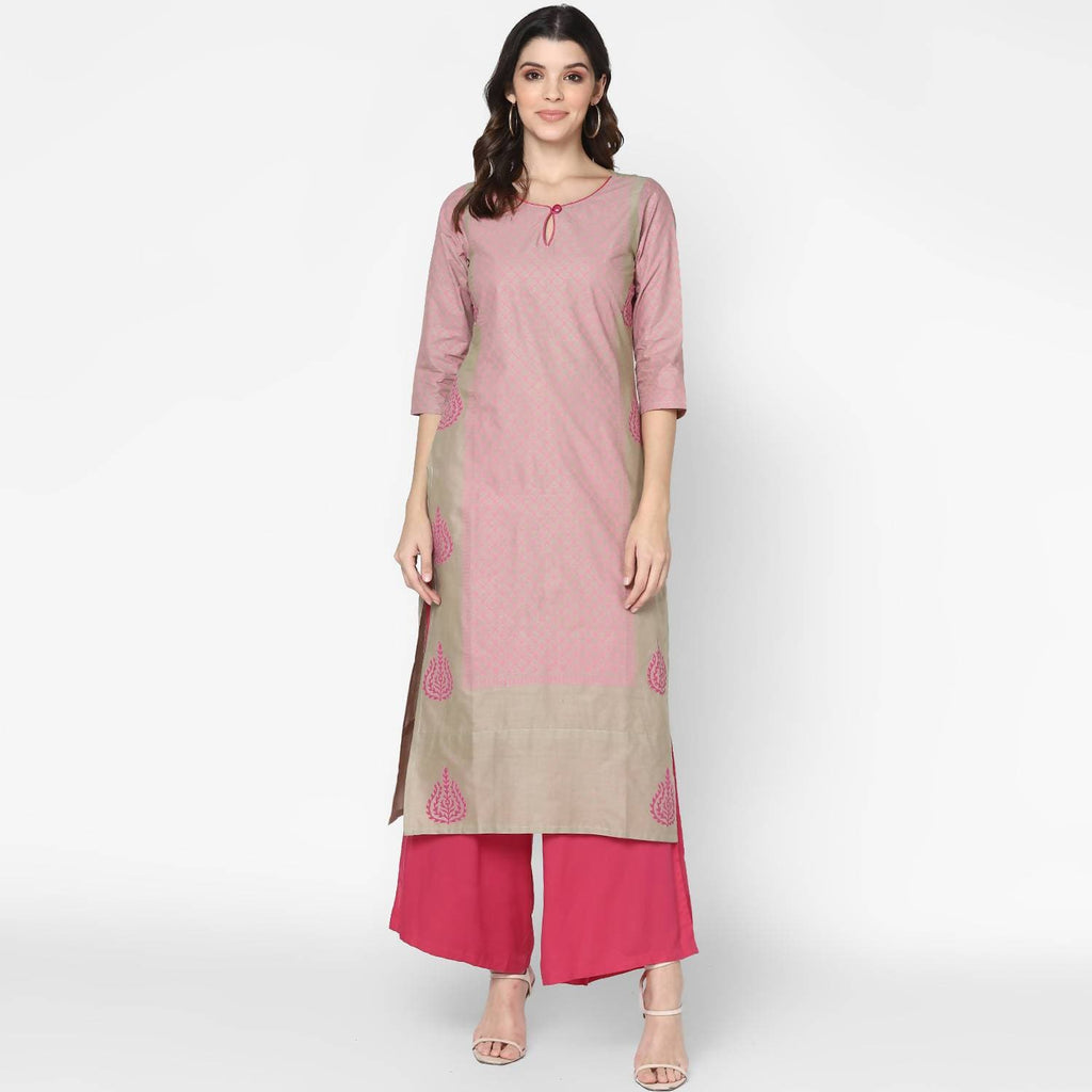 Cheera Hand Block Print Pink Colour Straight Kurta With Palazzo (MAAI-077K) | Grab2Buy