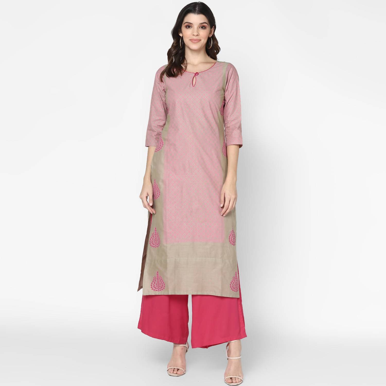 Cheera Hand Block Print Pink Colour Straight Kurta With Palazzo (MAAI-077K) | Grab2Buy