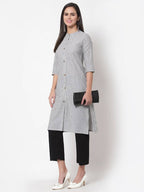 Myshka Women's Grey Cotton Stripe Pattern 3/4 Sleeve Round Neck Grey Kurti | Grab2Buy